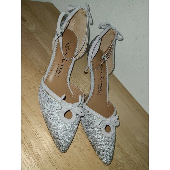 NINA ORIGINALS SILVER COLOR BLOCK ANKLE STRAP ADJUSTABLE SHOES SIZE 7.5 - Picture 1 of 6